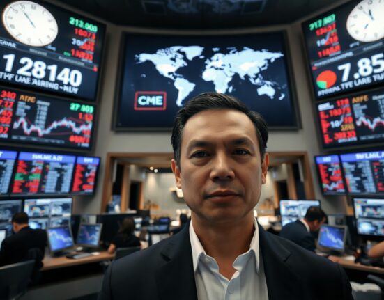Forex trading desk with monitors showing currency charts and a world map.