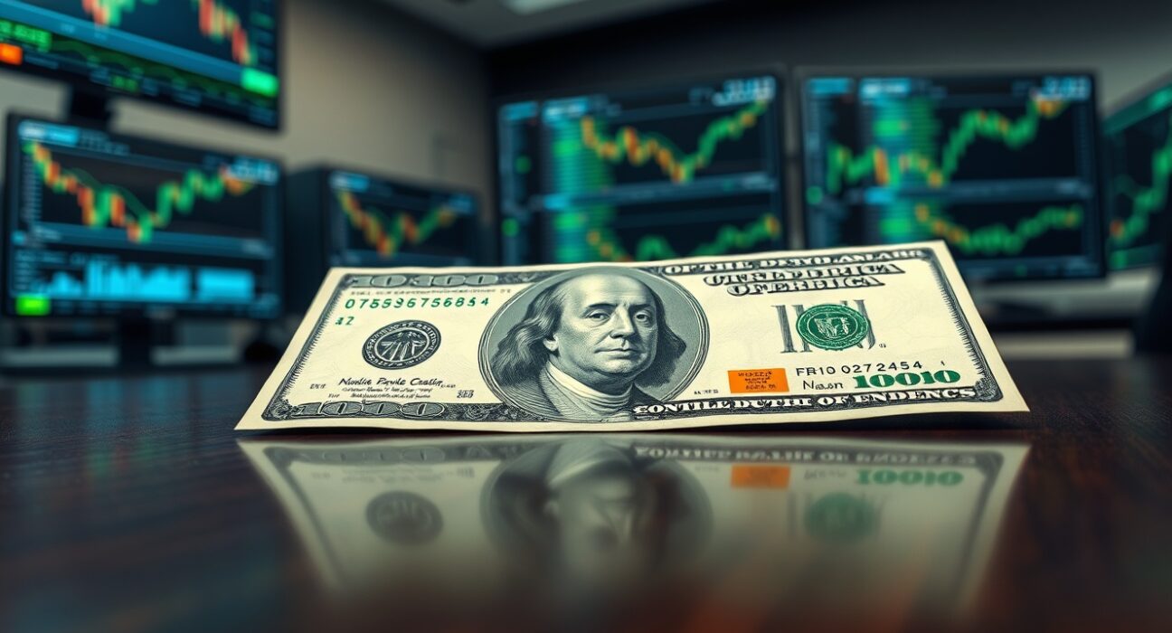 U.S. dollar banknote in a financial setting representing market stabilization amid geopolitical uncertainty.