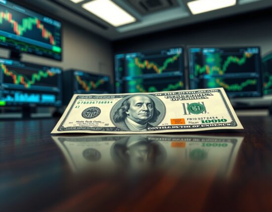 U.S. dollar banknote in a financial setting representing market stabilization amid geopolitical uncertainty.