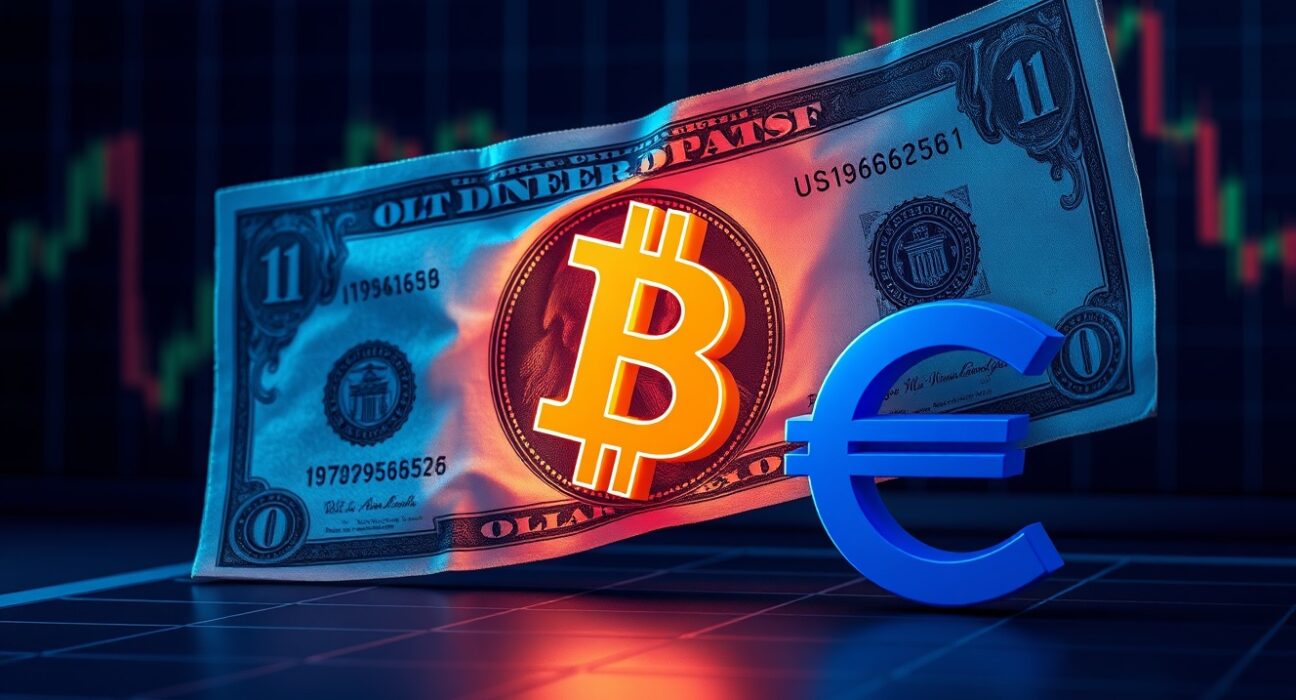 US dollar bill overlapping a digital coin icon and euro symbol on a trading desk
