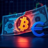 US dollar bill overlapping a digital coin icon and euro symbol on a trading desk