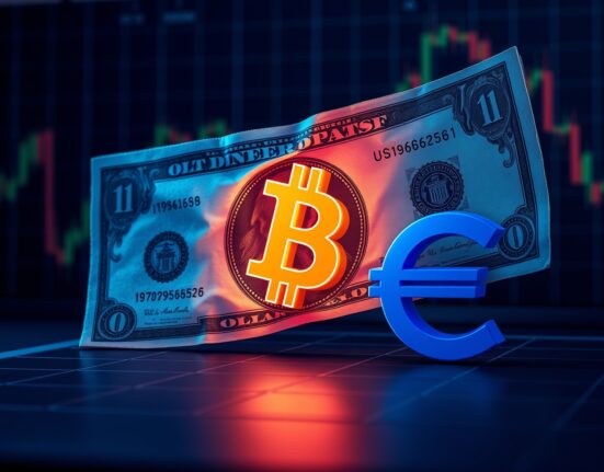 US dollar bill overlapping a digital coin icon and euro symbol on a trading desk