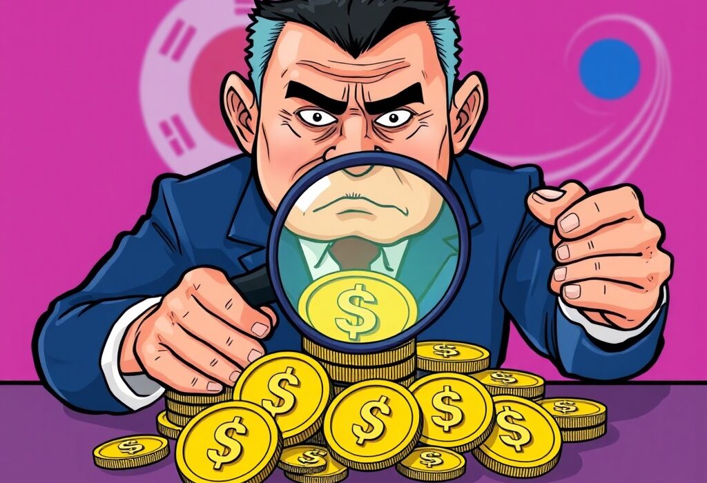 Cartoon depicting South Korea's central bank scrutinizing U.S. dollar stablecoins, symbolizing regulatory concerns and potential impact on monetary policy.