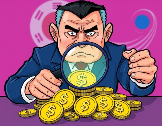 Cartoon depicting South Korea's central bank scrutinizing U.S. dollar stablecoins, symbolizing regulatory concerns and potential impact on monetary policy.