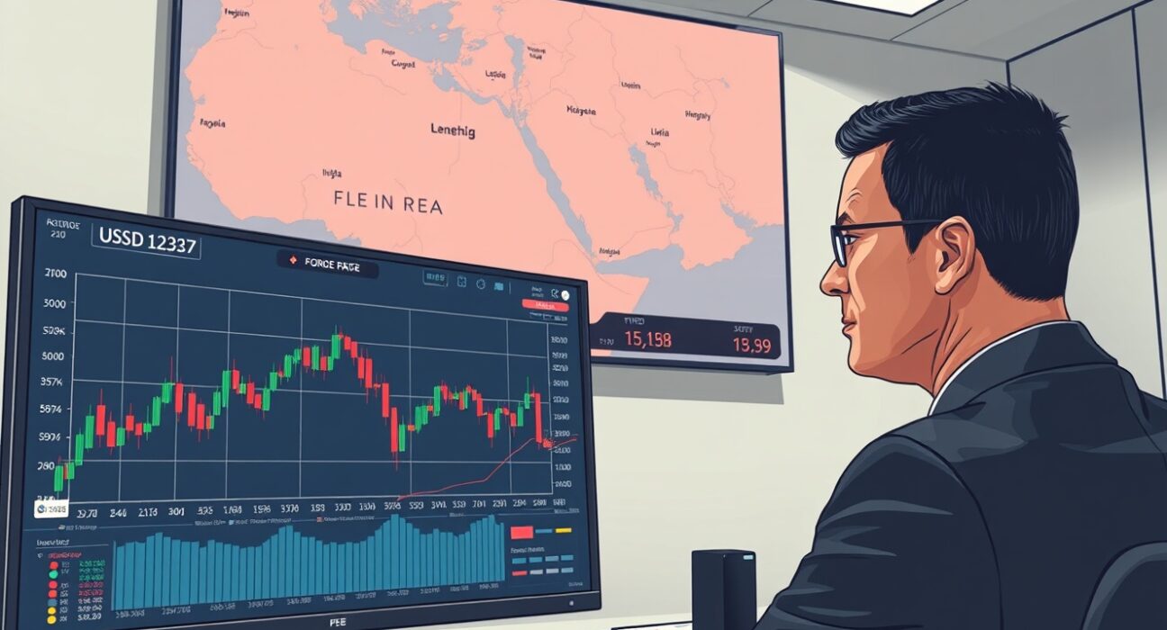 Forex trader analyzing US Dollar stagnation amid Middle East geopolitical tensions on financial charts