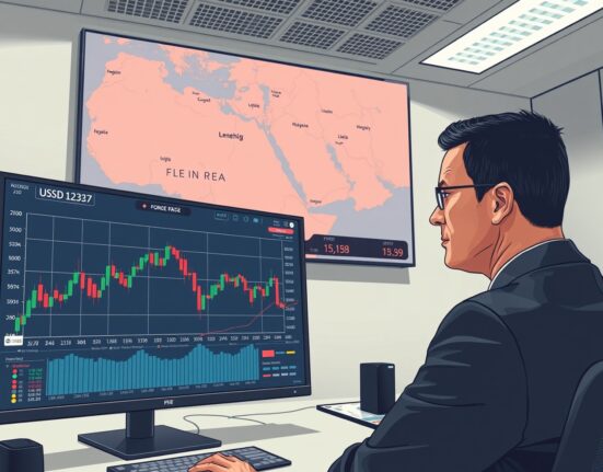 Forex trader analyzing US Dollar stagnation amid Middle East geopolitical tensions on financial charts