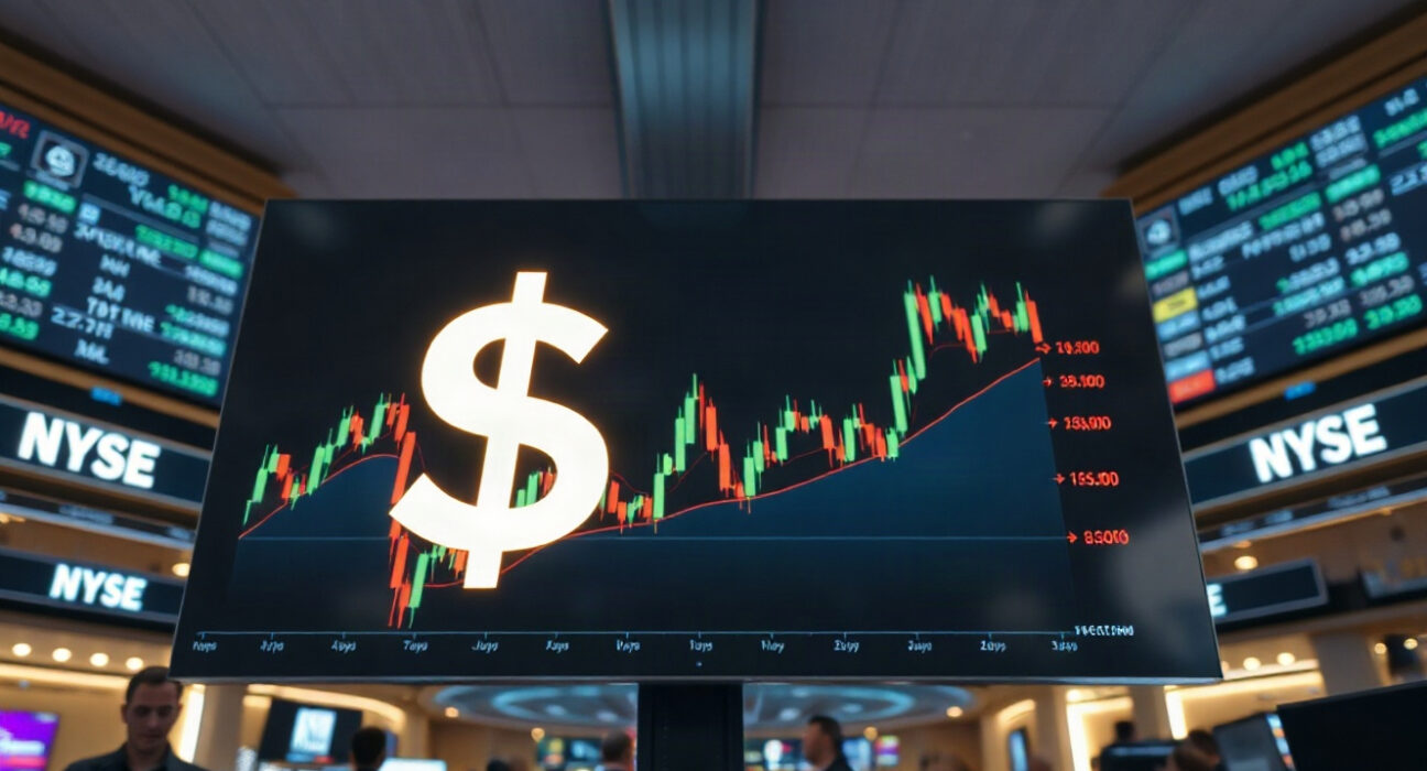 US dollar symbol on a trading screen with forex charts in the background