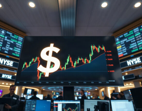 US dollar symbol on a trading screen with forex charts in the background