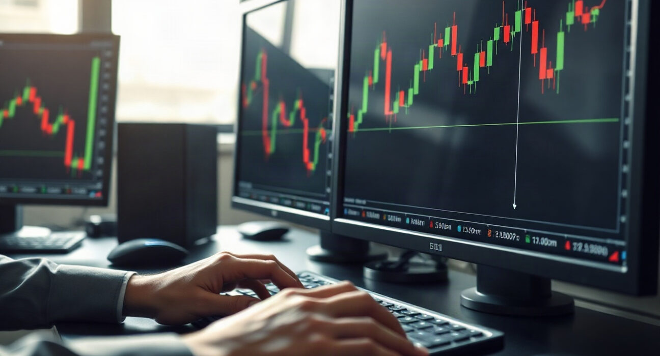 Forex trading desk with monitors showing dollar index and candlestick charts