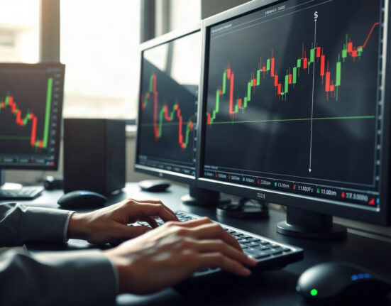 Forex trading desk with monitors showing dollar index and candlestick charts