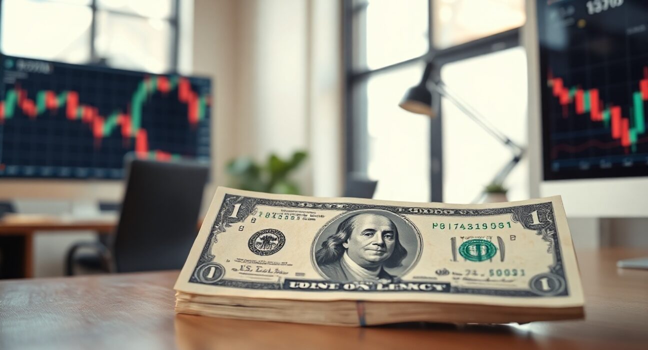 US dollar banknote and digital currency chart in a modern trading office