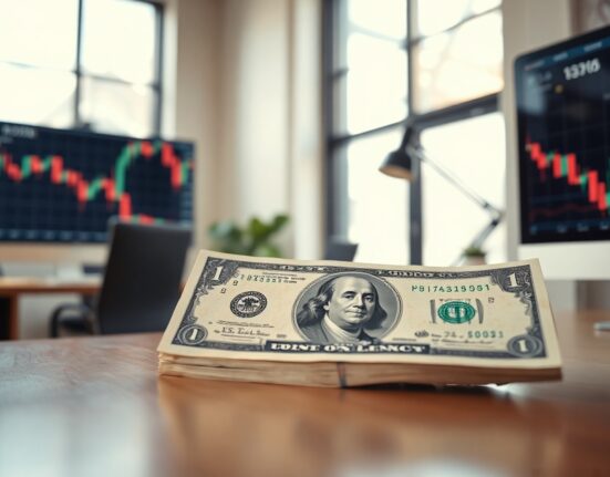 US dollar banknote and digital currency chart in a modern trading office