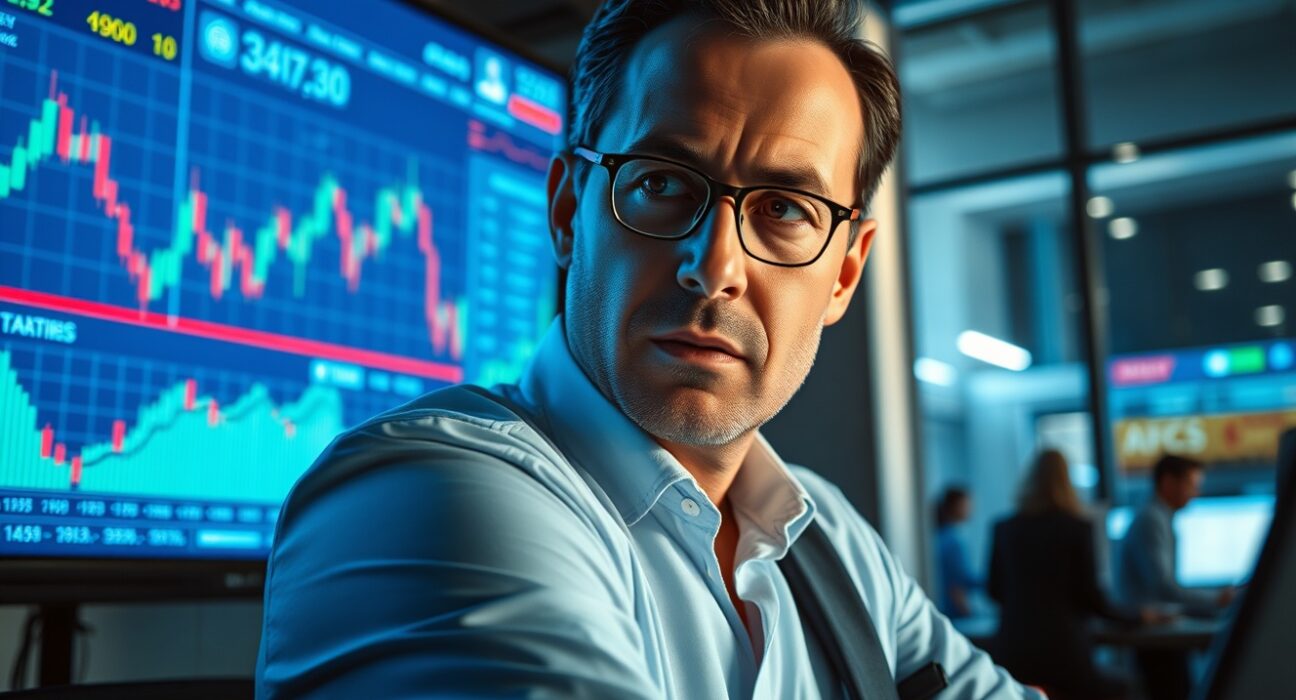 Financial analyst monitoring US dollar charts and market data on digital screens in a newsroom