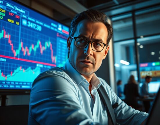 Financial analyst monitoring US dollar charts and market data on digital screens in a newsroom