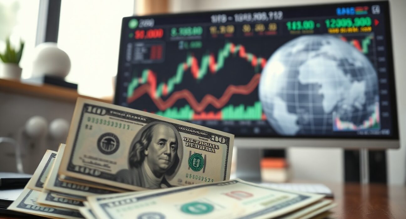 US dollar banknotes and financial charts on a monitor in a trading office