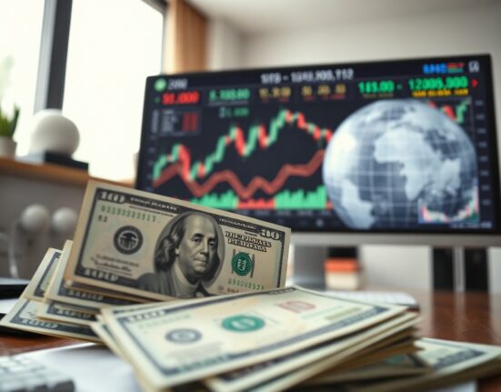 US dollar banknotes and financial charts on a monitor in a trading office