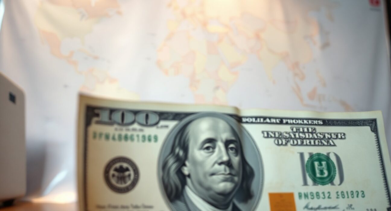 US dollar banknote with world map and stock chart in background, symbolizing forex market caution