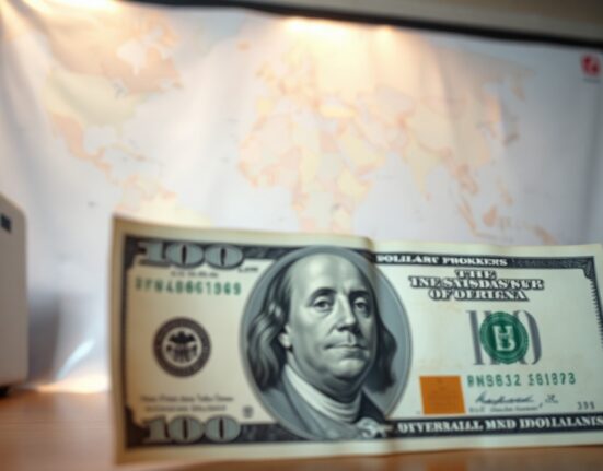 US dollar banknote with world map and stock chart in background, symbolizing forex market caution