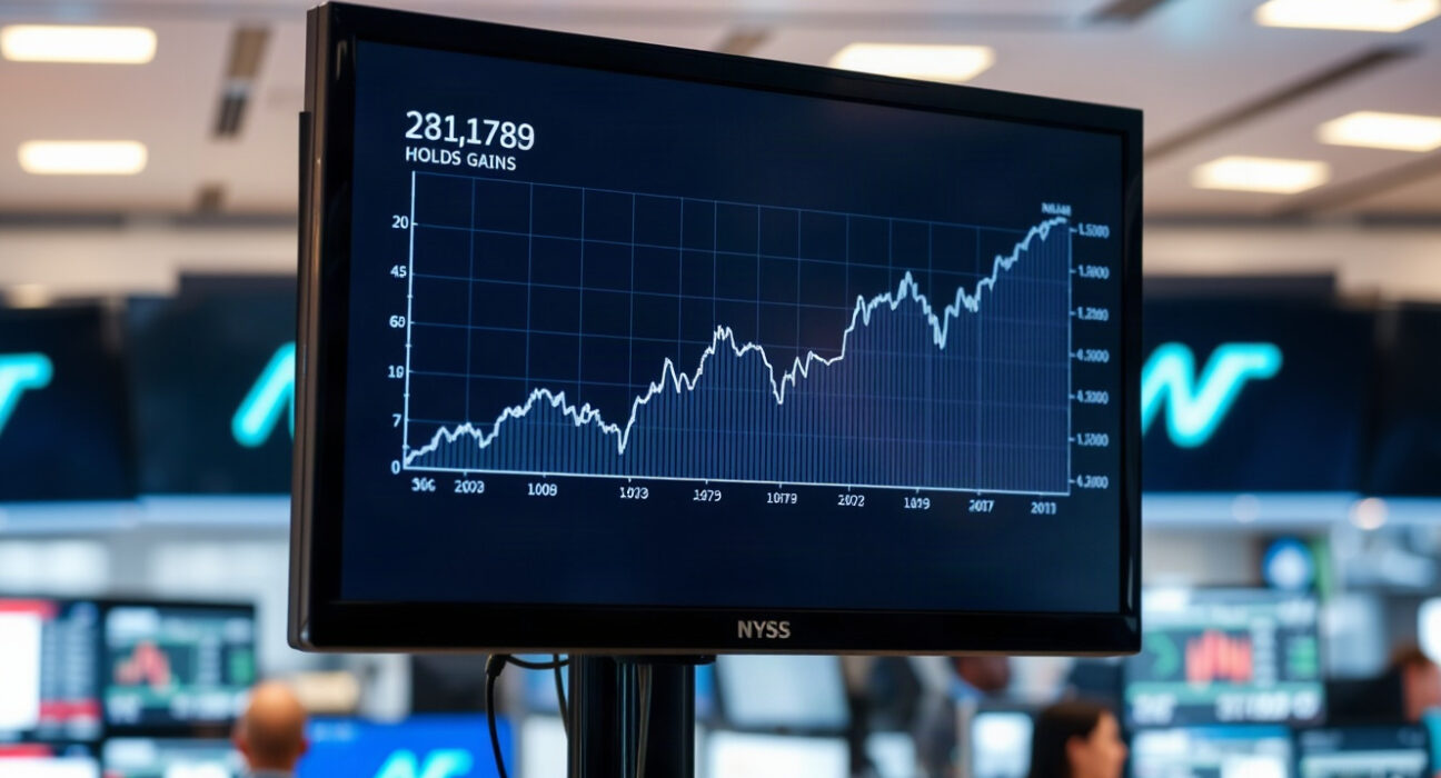 US dollar index chart showing steady gains near 99 on a trading floor screen