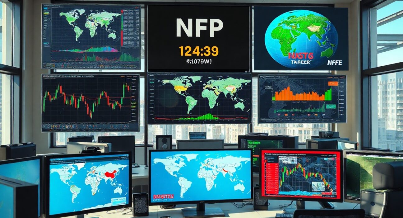 Trading desk with charts and Strait of Hormuz map, representing forex market focus on NFP and geopolitical risk