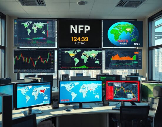Trading desk with charts and Strait of Hormuz map, representing forex market focus on NFP and geopolitical risk