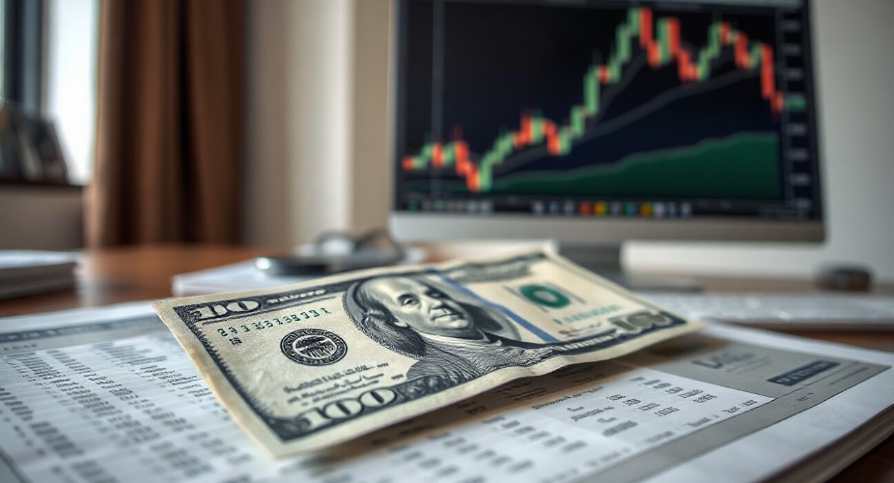 US dollar banknote on financial charts with trading monitor in background