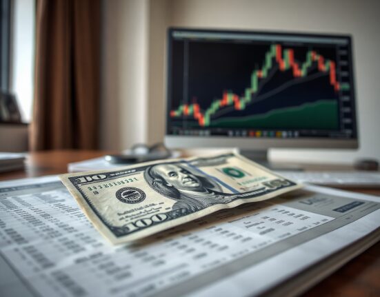US dollar banknote on financial charts with trading monitor in background