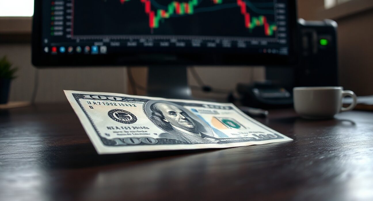 US Dollar banknote on desk with financial charts in background