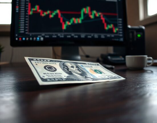US Dollar banknote on desk with financial charts in background
