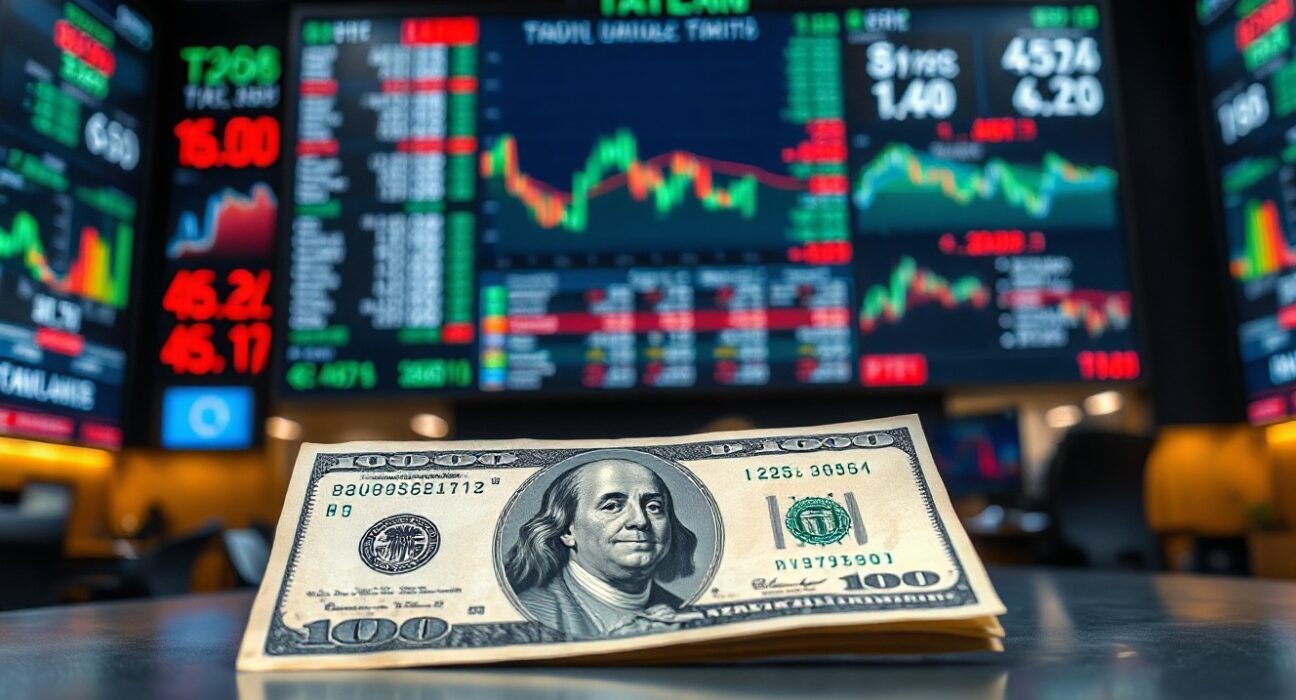 A US $100 bill in focus with a blurred financial trading screen in the background.