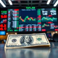 A US $100 bill in focus with a blurred financial trading screen in the background.