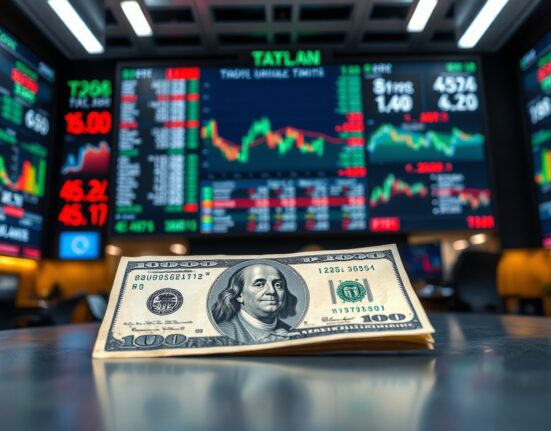 A US $100 bill in focus with a blurred financial trading screen in the background.