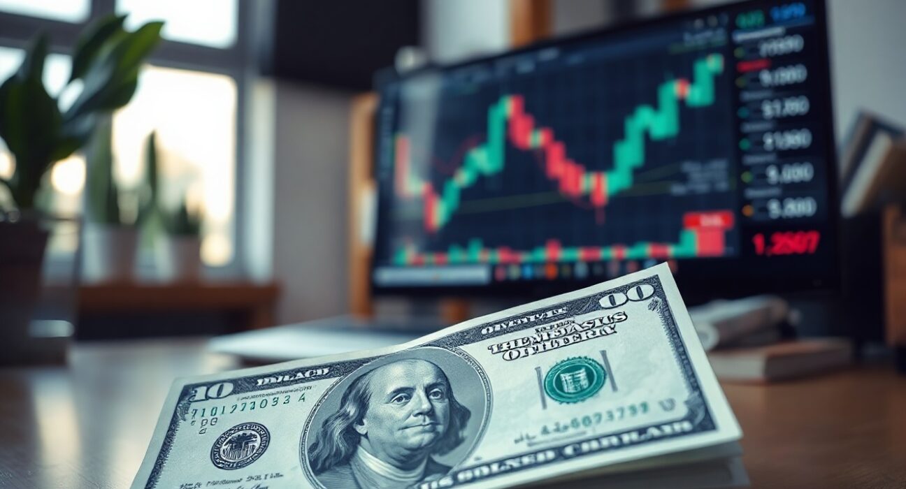 US dollar banknote and financial chart on a screen in a trading office