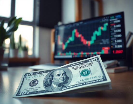 US dollar banknote and financial chart on a screen in a trading office
