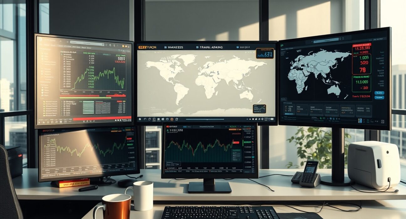 Professional forex trading desk with monitors showing currency charts and global map highlighting Middle East region