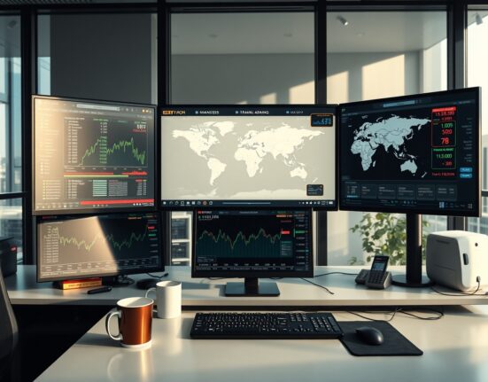 Professional forex trading desk with monitors showing currency charts and global map highlighting Middle East region