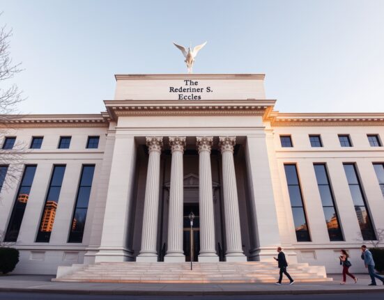 Exterior of the Federal Reserve building in Washington, D.C., on a clear afternoon.