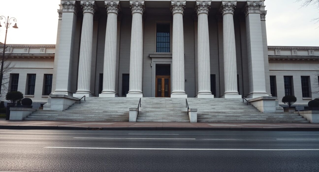 Exterior view of the Federal Reserve building in Washington, D.C., on a cloudy day, symbolizing monetary policy and the US Dollar.
