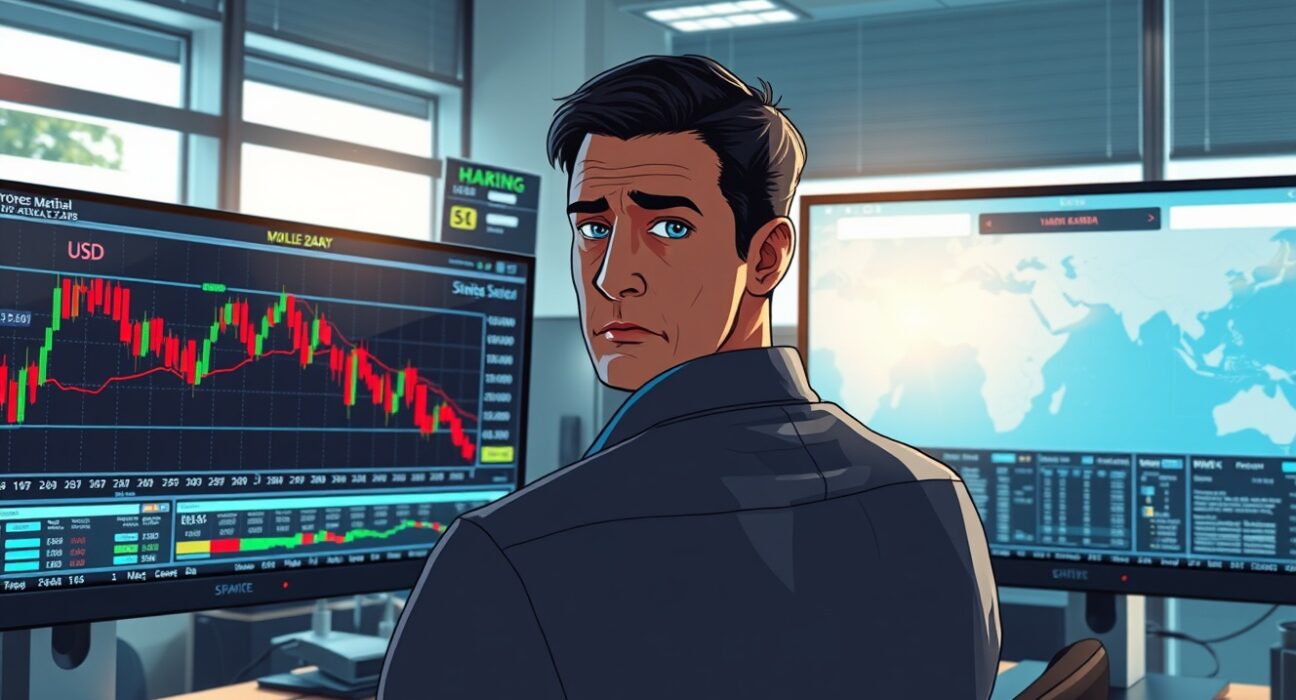 Forex trader analyzing US Dollar charts amid Hormuz geopolitical tensions affecting currency markets