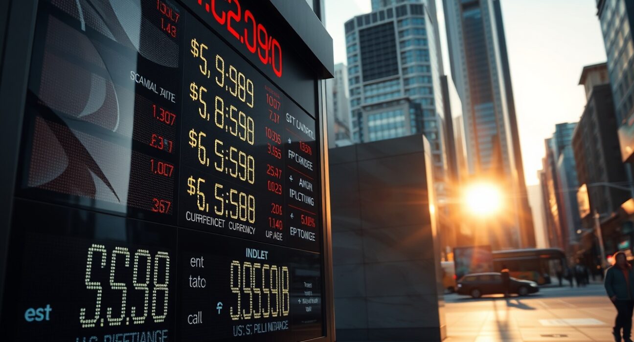 Currency exchange board displaying U.S. dollar index in a financial district