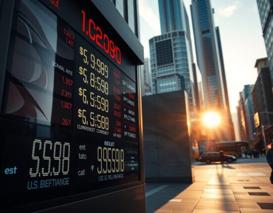 Currency exchange board displaying U.S. dollar index in a financial district