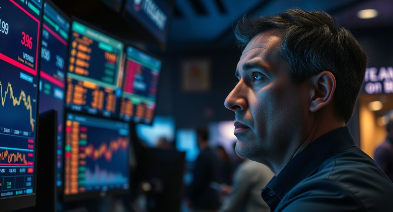 Financial trader monitoring currency markets amid geopolitical uncertainty and Federal Reserve policy concerns.