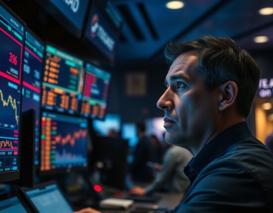Financial trader monitoring currency markets amid geopolitical uncertainty and Federal Reserve policy concerns.
