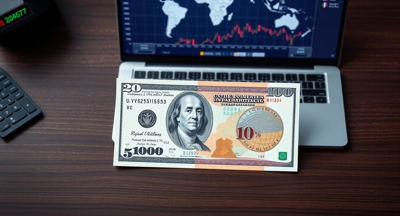 U.S. dollar and Iranian rial banknotes on a desk with financial charts in the background.