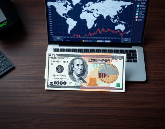 U.S. dollar and Iranian rial banknotes on a desk with financial charts in the background.