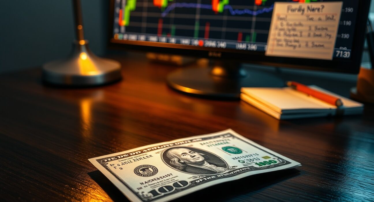 US dollar banknote on desk with forex chart in background, financial news editorial image