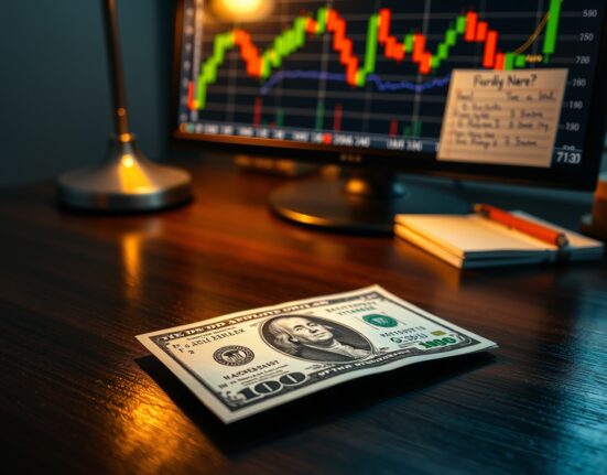 US dollar banknote on desk with forex chart in background, financial news editorial image