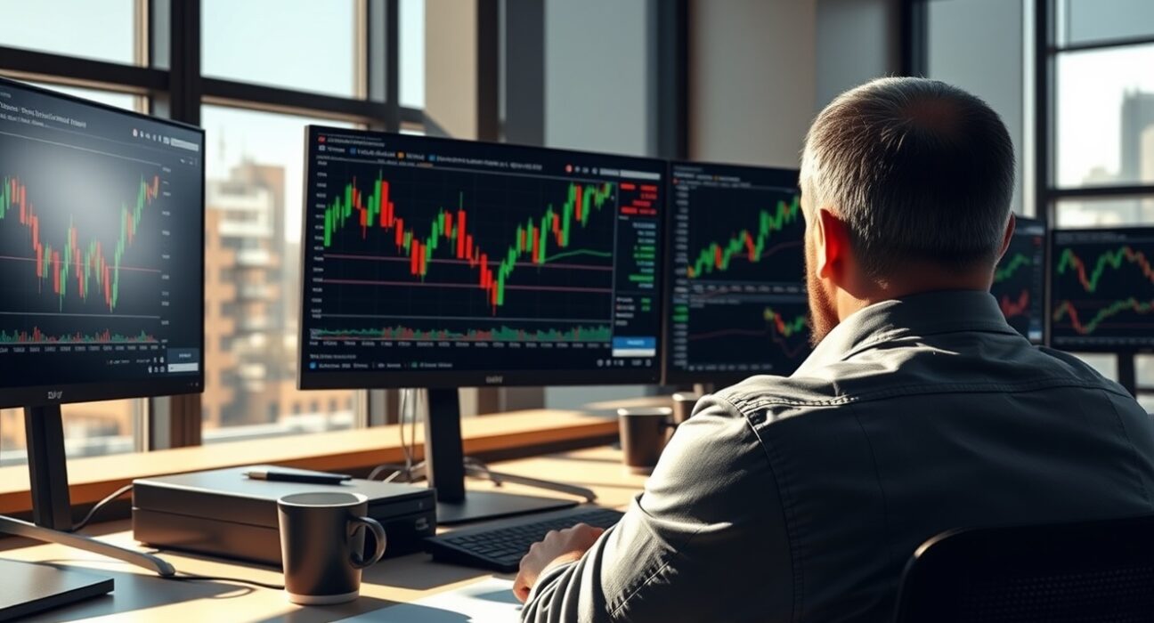 Forex trading desk with US Dollar index and NFP countdown on monitors