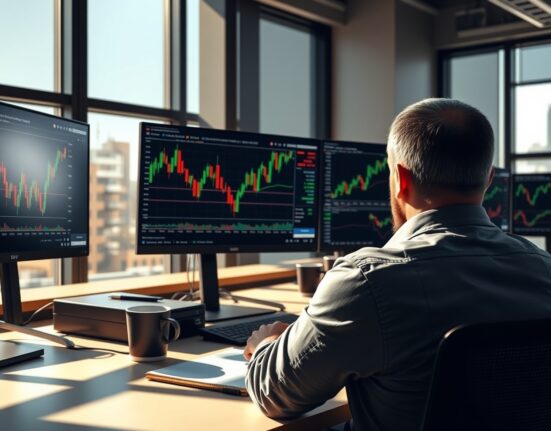 Forex trading desk with US Dollar index and NFP countdown on monitors