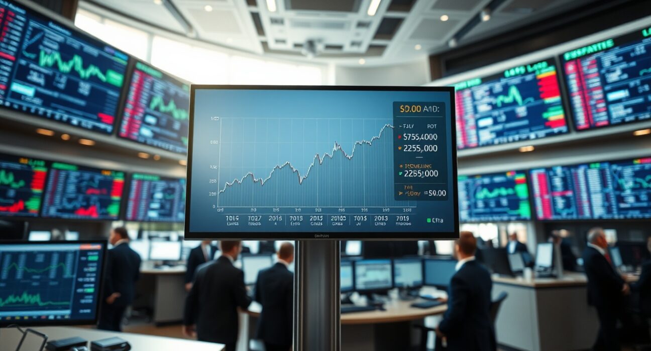 Forex trading floor with monitors showing US Dollar index and economic data charts